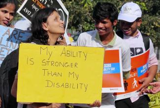 Kundgebung anlässlich des Internationalen Tages der Menschen mit Behinderungen in Bangalore, Indien, 2022. 