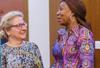 picture-alliance/photothek/Ute Grabowsky Svenja Schulze, Germany’s minister for economic cooperation and development, visiting Kandia Camara, Côte d’Ivoire’s foreign minister, in early 2023.