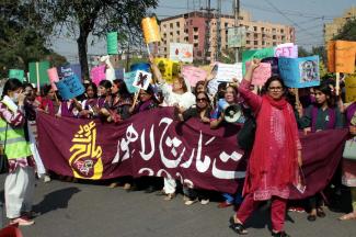 Protesting in Lahore on 8 March 2023. 