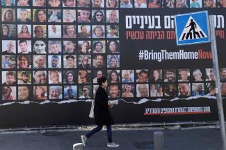 Hamas terrorists abducted about 240 hostages on 7 October: billboard in Jerusalem in late November. 
