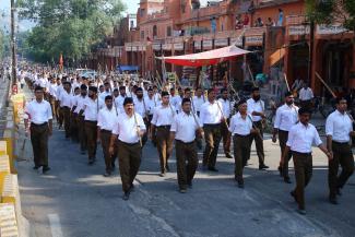 RSS activists marching through Jaipur in 2022. 