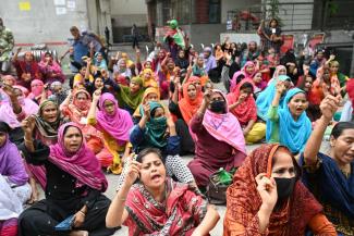 The right to organise trade unions matters very much: Bangladeshi labour activists protesting in Dhaka in November 2023. 