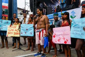 Indigenous leaders rally to protect the Amazon rainforest ahead of the Amazon Summit in Belem, Brazil, in 2023.
