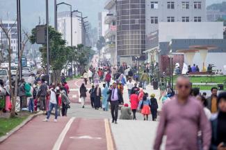 People walk on the street of Addis Ababa, Ethiopia.