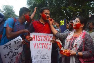 Kolkatans celebrating the fact that, after a year of protests, Narendra Modi felt the need to repeal his farm laws.