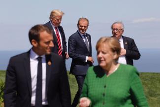 Stand up to Trump or miss opportunity for leadership: Donald Trump with Donald Tusk, Jean-Claude Juncker, Emmanuel Macron and Angela Merkel at the G7 summit in Quebec last year.