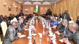 No masks: President Samia Suluhu Hassan holding her first Cabinet meeting.