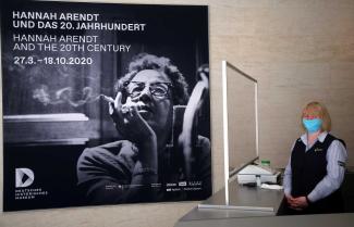 Hannah Arendt portrait on display at a 2020 exhibition funded by Germany’s Federal Government in her honour.