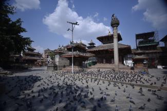 Lots of pigeons, no tourists: Kathmandu’s Basantapur Durbar Square, a UNESCO world heritage site in mid-May.