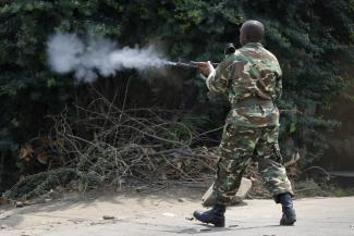 A soldier during a rally in May.