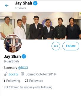 Blue tick, but few followers and zero tweets: Jay Shah’s account in early November.