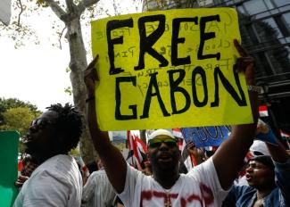 Demonstrators opposing Gabonese president  Ali Bongo protest outside the UN headquarters in New York in September.