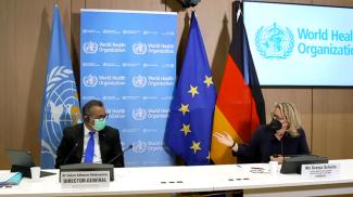 Screenshot: Video BMZ/Youtube – https://youtu.be/J2yqsfLqOX4 Svenja Schulze, Germany’s new federal minister for economic cooperation and development, with Tedros Adhanom Ghebreyesus, director general of the WHO, during press conference in Geneva in January.