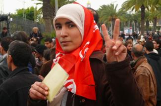 Participant in protest rally in Tunis in January 2011.