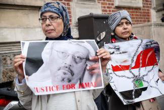 Proteste in Paris gegen die Ermordung Jamal Khashoggis, eines Kritikers des saudischen Kronprinzen Mohamed bin Salman, im saudischen Konsulat in Istanbul im Oktober.
