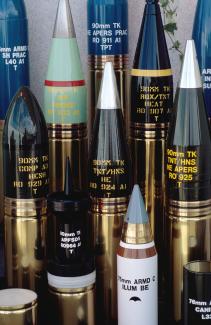 Ammunition on display at the arms fair in Aldershot, United Kingdom.