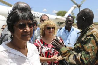 Navi Pillay as High Commissioner for Human Rights during an official trip to South Sudan in 2014.