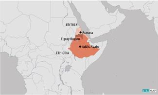 Map indicating, Ethiopia with Tigray and Addis plus Eritrea