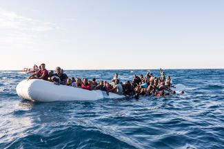 picture-alliance/Laurin Schmid/SOS MEDITERRANEE Refugees found in distress at sea off the Libyan coast in early 2018.