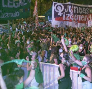 Argentinian women’s rights activists celebrating the legalisation of abortion in December 2020.