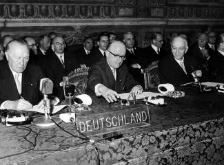 The German delegation, led by Chancellor Konrad Adenauer (left), attending the conference in Rome in 1957 that concluded several agreements, including on the common market and Euratom.