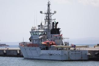 The British coast guard vessel HMC Protector – pictured in the port of Catania in Sicily – supported Frontex operations in 2017.