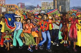 Die Unabhängigkeitsfeier 1990 auf einem Wandbild in Windhoek dargestellt.