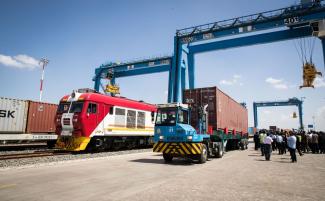Truck and freight train at Nairobi’s Inland Container Terminal