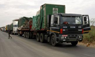 Afrika braucht regionale Integration: Lastwagen vor der Zollabfertigung an der Grenze zwischen Botswana und Sambia.