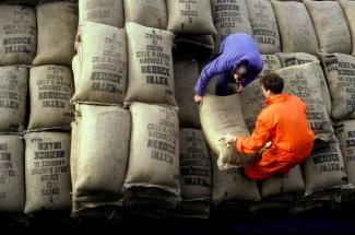 Afrikanische Länder sind weiterhin Warenexporteure: Arbeiter, die eine Kakaoladung aus der Elfenbeinküste in Amsterdam abwickeln.