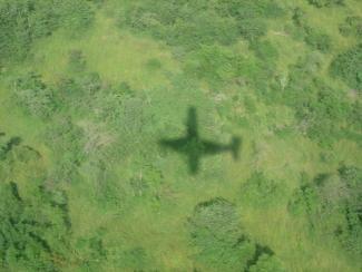 Shadow of small airplane flying over South Sudan.