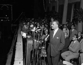 President Nasser addressing a rally in Alexandria in 1957.