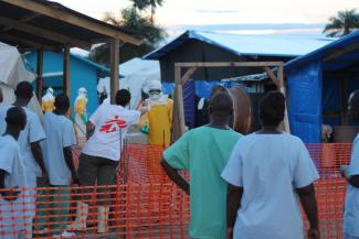During the West African Ebola epidemic in 2014, the INGO Médecins Sans Frontières (MSF) assumed a major role in health care: MSF-centre in Foya, northern Liberia.