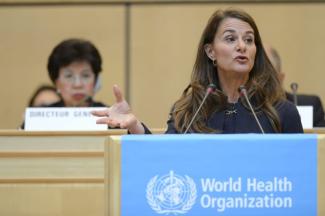 Melinda Gates addressing the World Health Organization (WHO). In 2016/17 14 % of the WHO’s budget came from the Gates Foundation.