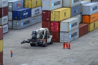 Exporting industries need infrastructure: container port in Conakry, the capital of Guinea.