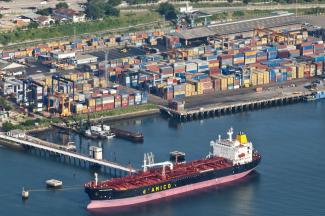 Merchant ship in the port of Dar es Salaam, Tanzania.