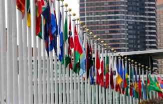 Flags in front of the UN headquarters in New York City.