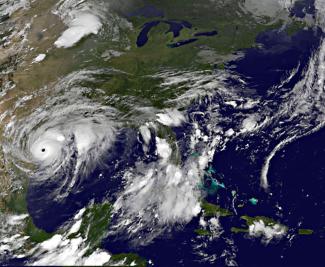 Hurricane Harvey approaching the coast of Texas on 25 August.