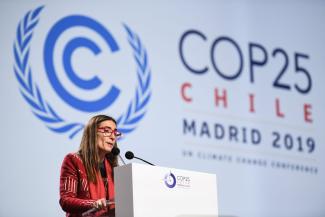 Carolina Schmidt, chairwoman of the COP25 and the environment minister of Chile, speaking at the closing plenary of the conference in Madrid.