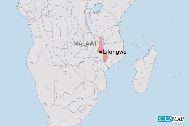 Map of a section of Africa with Malawi and the capital Lilongwe.
